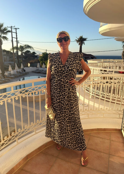 Cream Leopard Print Frill Sleeve Maxi Dress