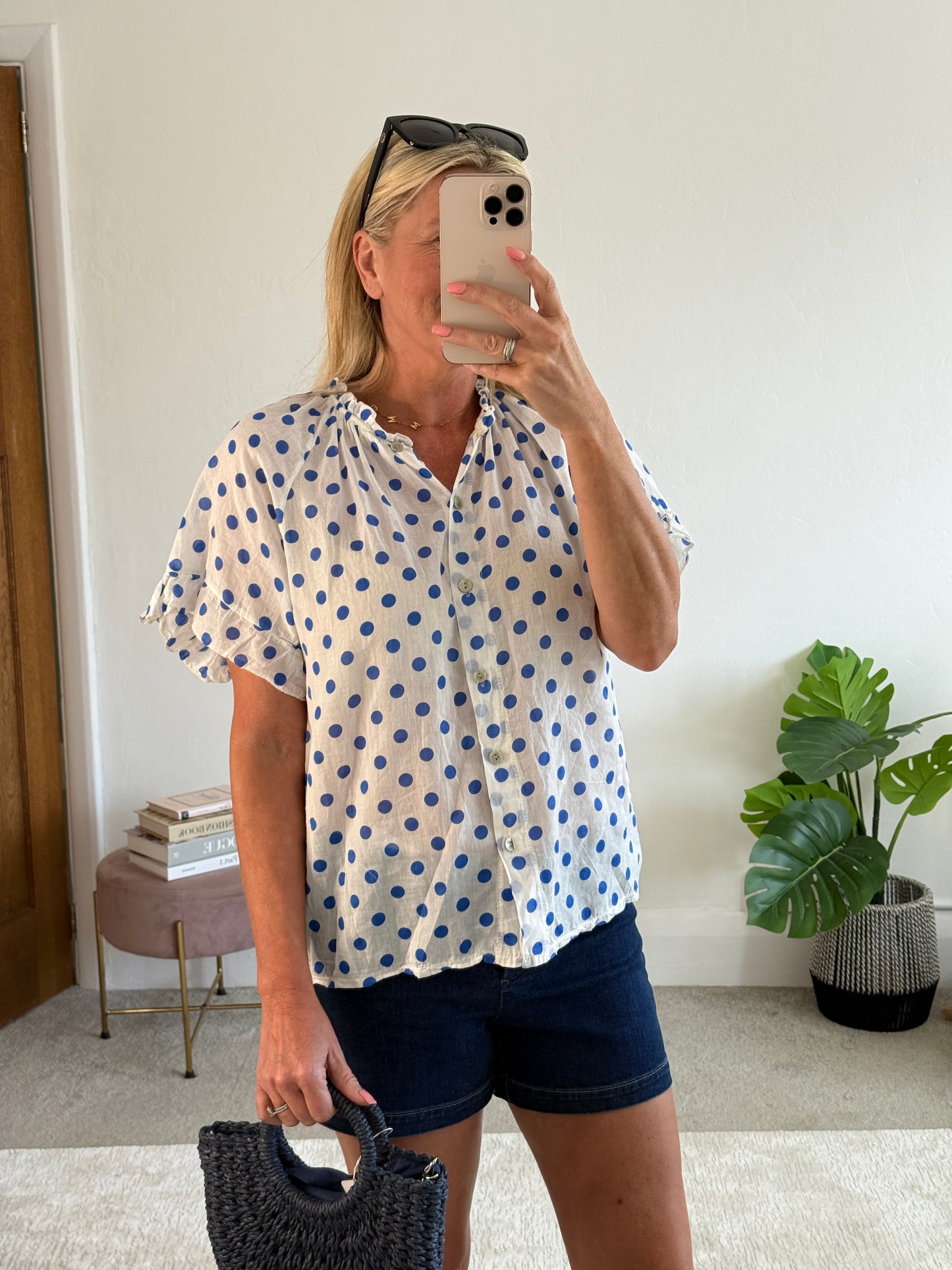Royal Blue Polka Dot Frill Sleeve Blouse