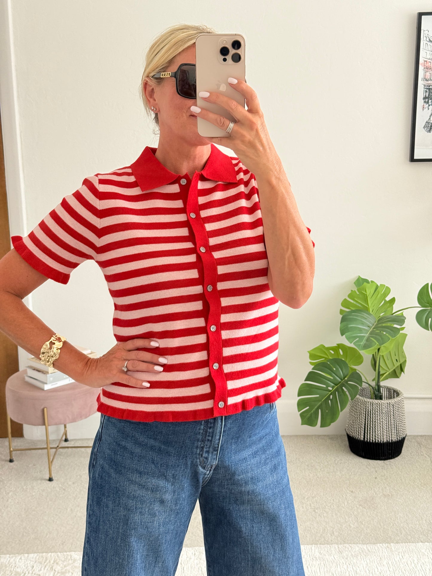 Pink/Red Stripe Knit Polo S/S Cardigan