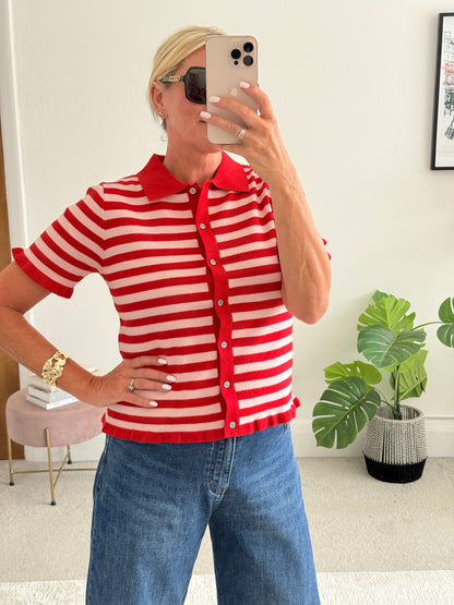 Pink/Red Stripe Knit Polo S/S Cardigan