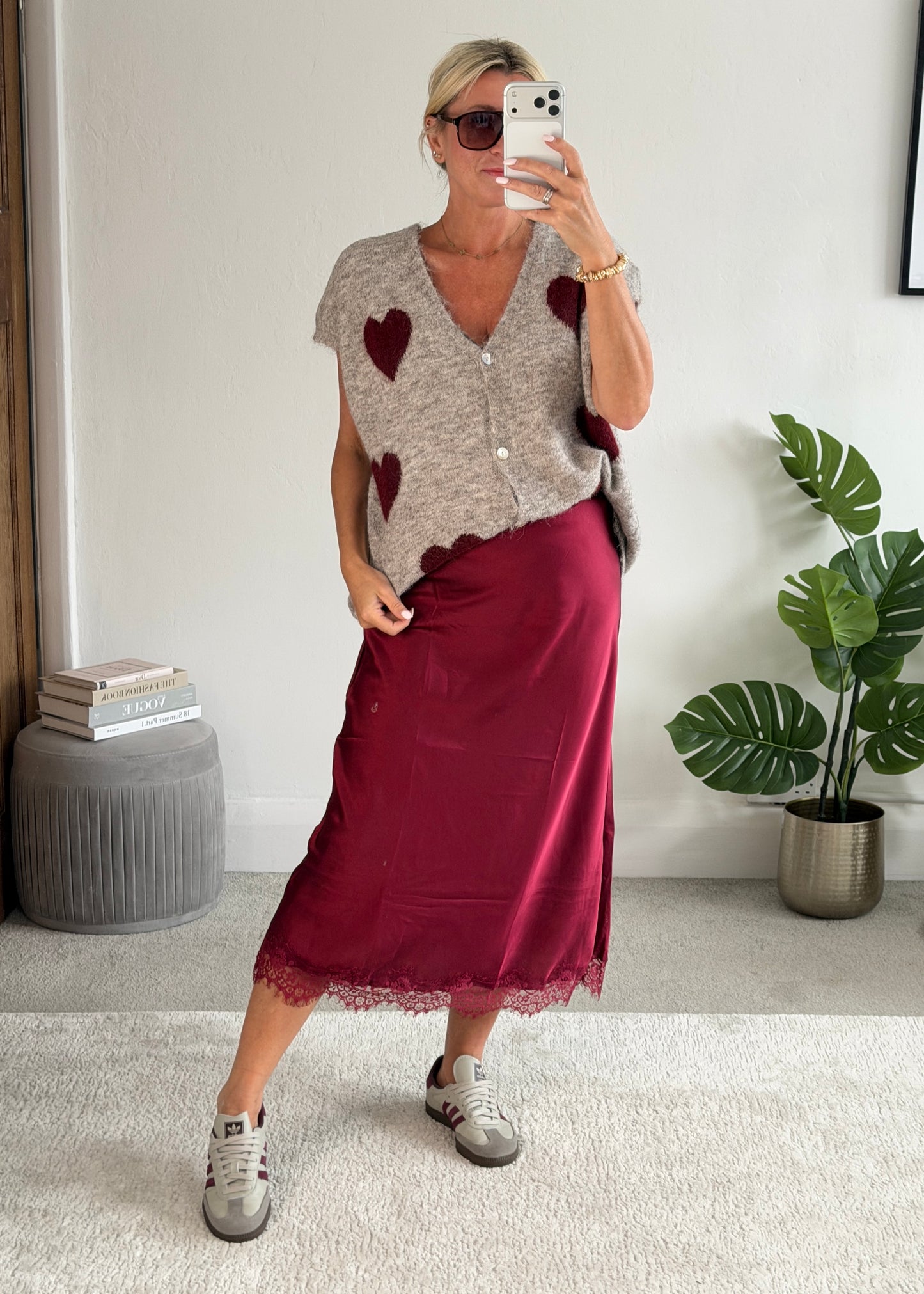 Bordeaux Satin Lace Trimmed Midi Skirt