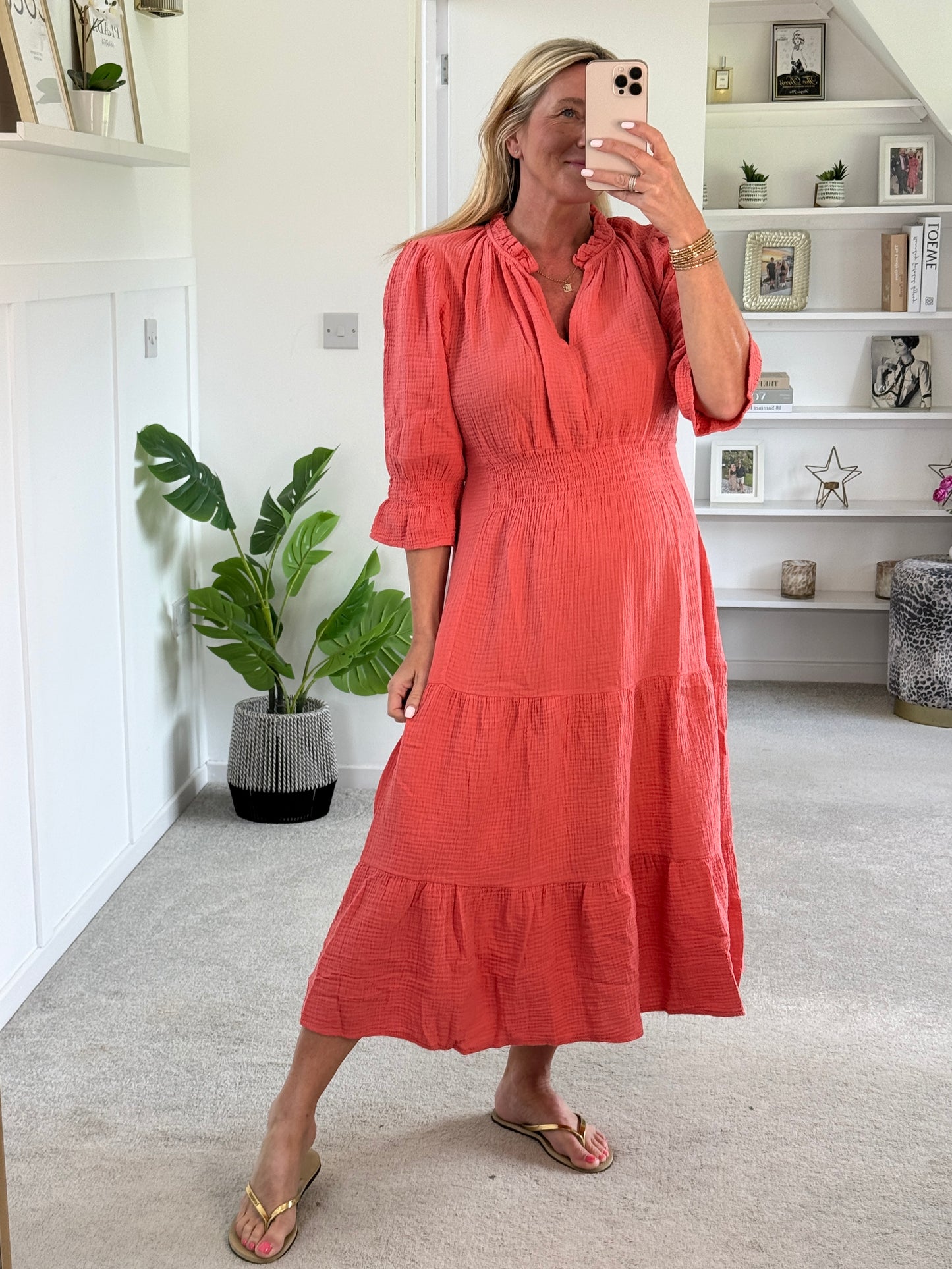 Coral Cotton Cheesecloth V-Neck Tiered Dress