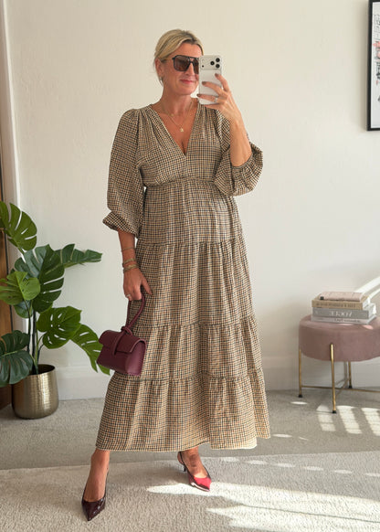 Cream Heritage Check V-Neck Tiered Dress