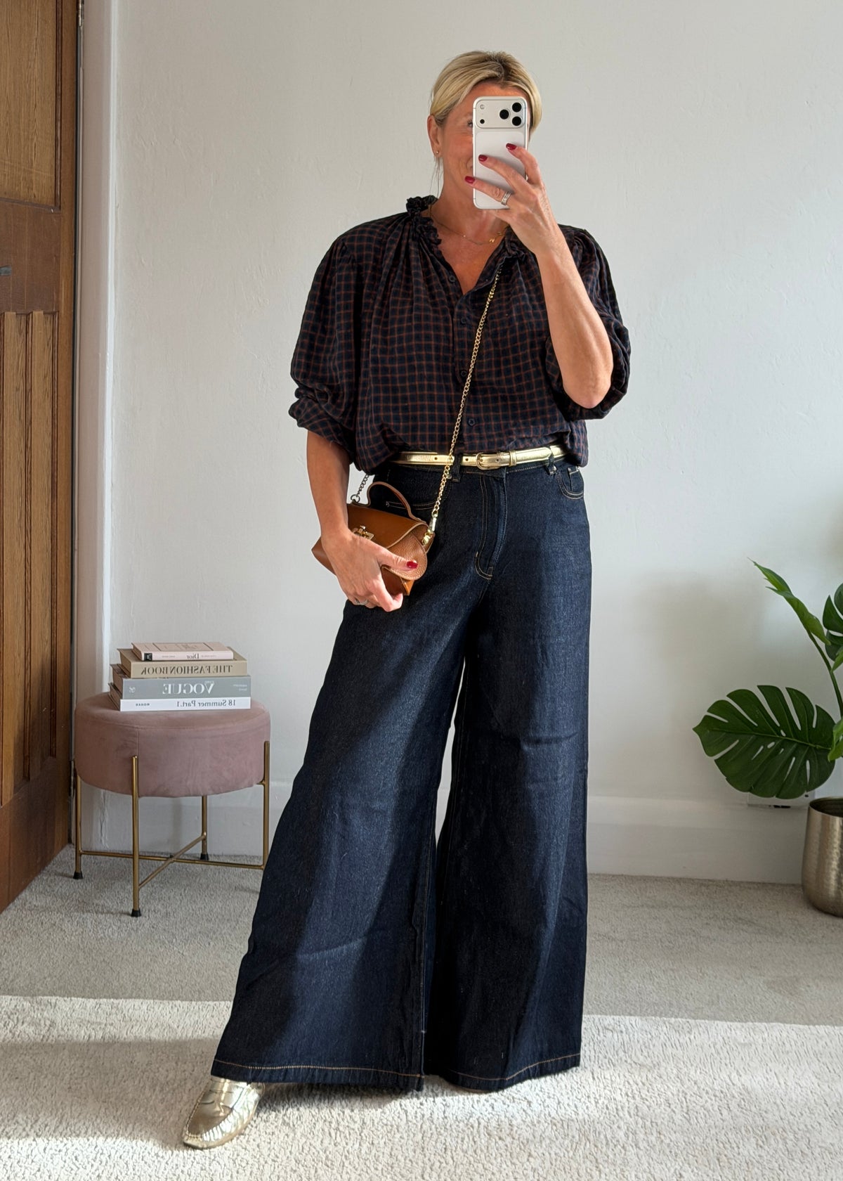 Navy Heritage Check Frill Collar Blouse