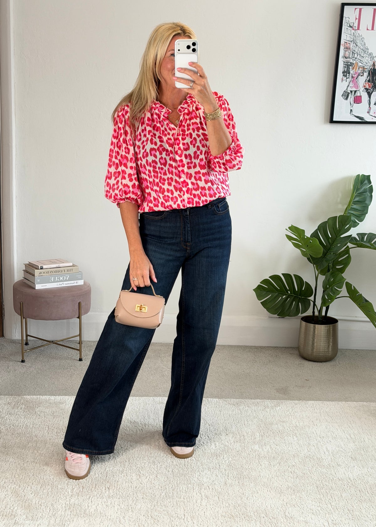 Pink Leopard 3/4 Puff Sleeve Blouse