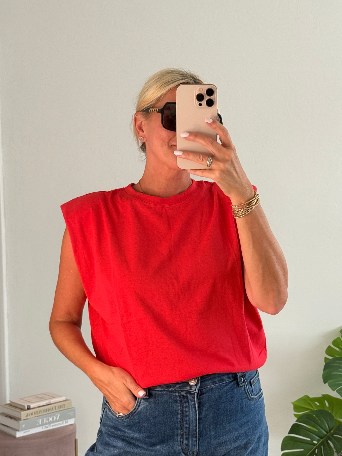 Red Structured Shoulder T-Shirt
