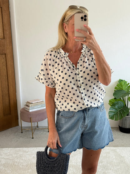 Navy Polka Dot Frill Sleeve Blouse