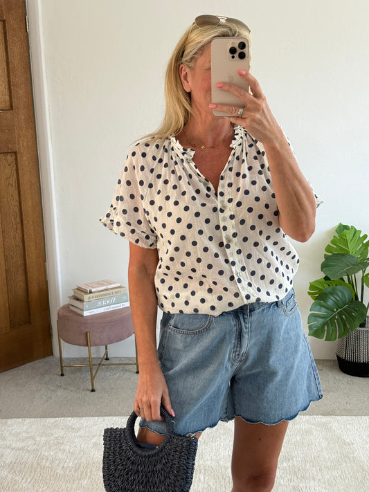 Navy Polka Dot Frill Sleeve Blouse