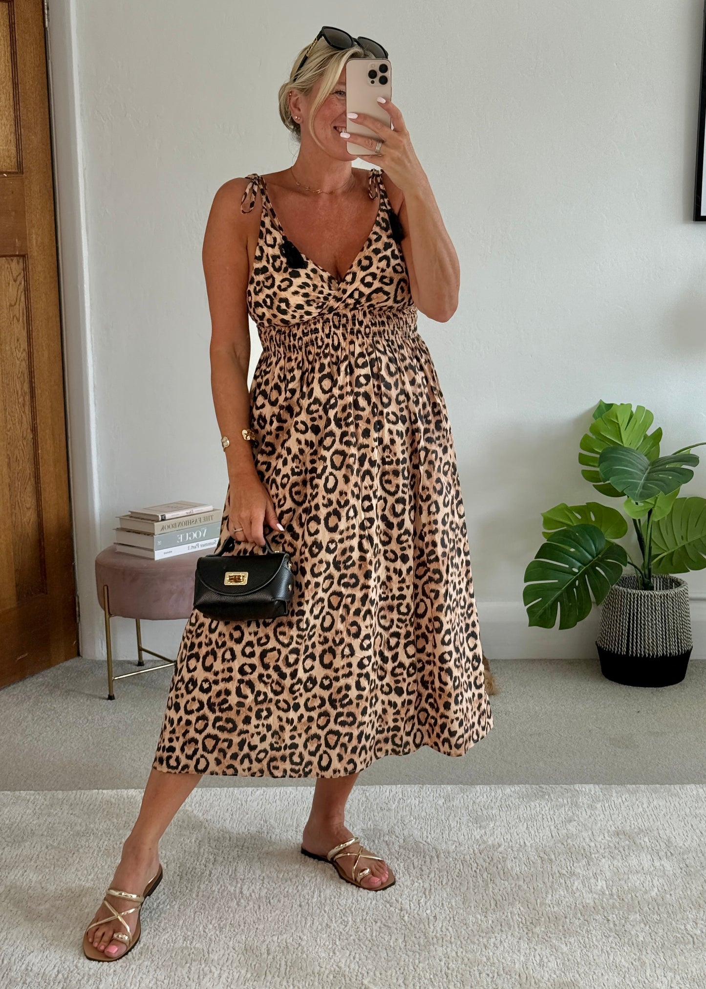 Leopard Tassel Tie Shoulder Midi Dress