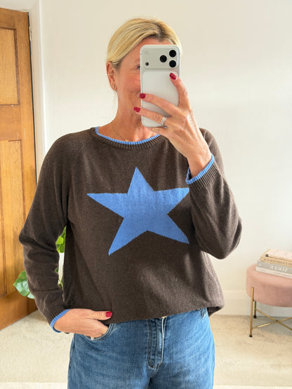 Chocolate/Cornflower Cashmere Mix Star Jumper