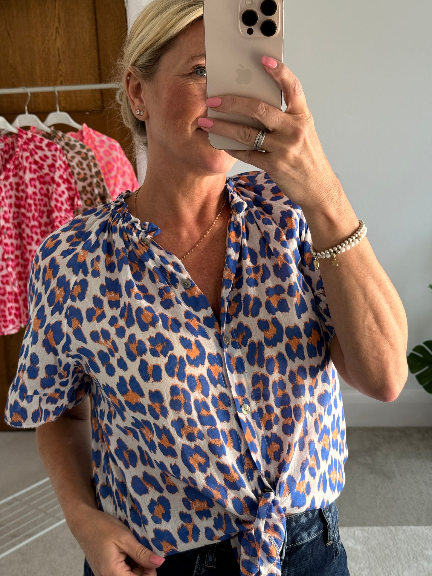 Cobalt/Orange Leopard Frill Sleeve Blouse