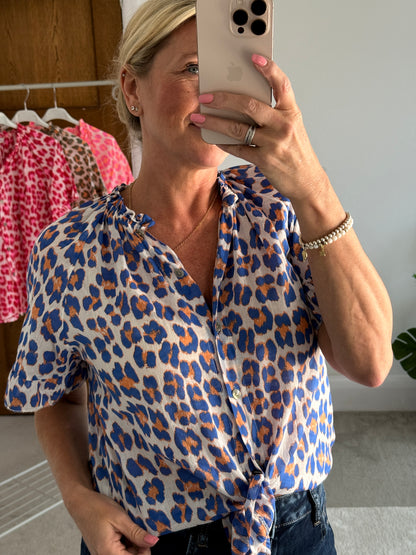 Cobalt/Orange Leopard Frill Sleeve Blouse