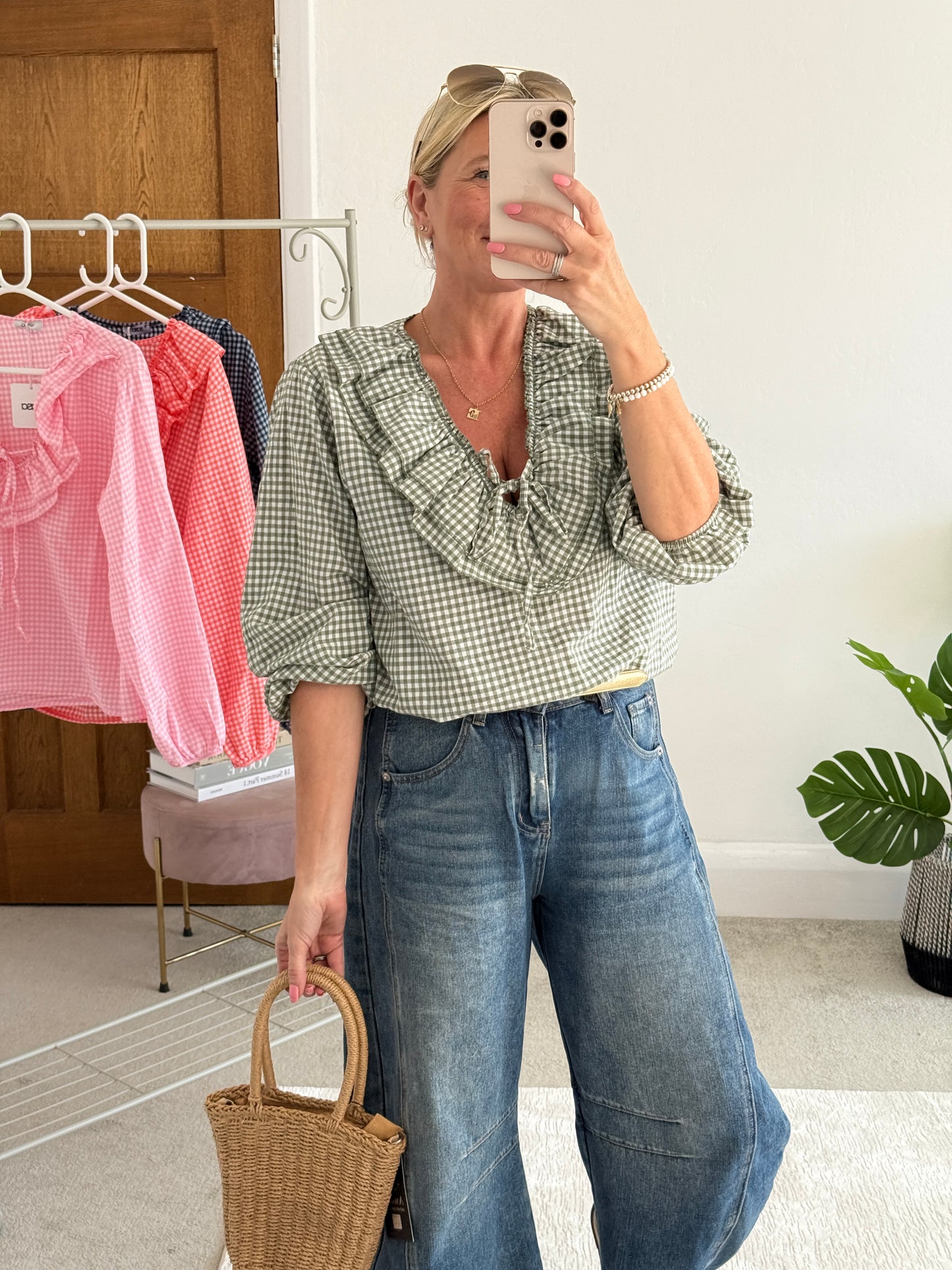 Khaki Gingham Ruffle Blouse