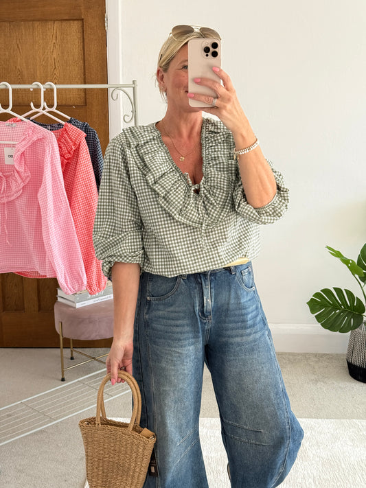 Khaki Gingham Ruffle Blouse