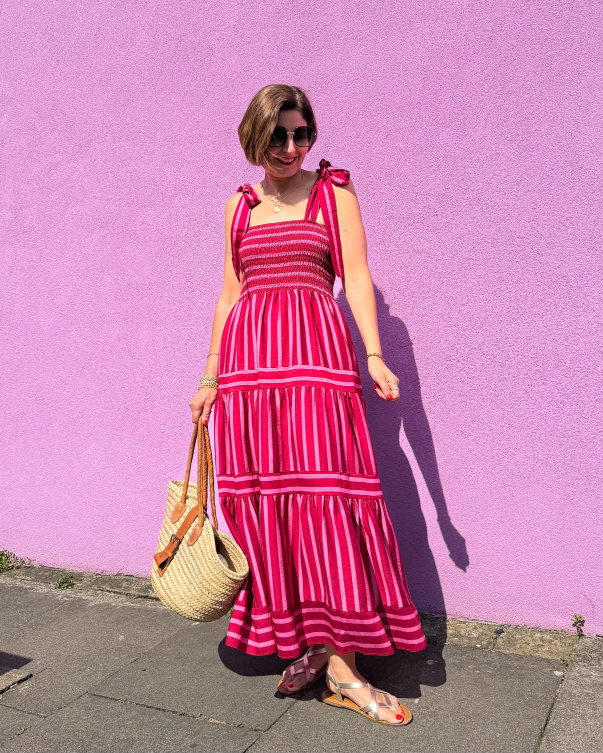 Pink/Red Striped Shirred Maxi Dress