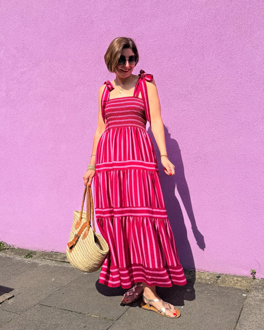 Pink/Red Striped Shirred Maxi Dress