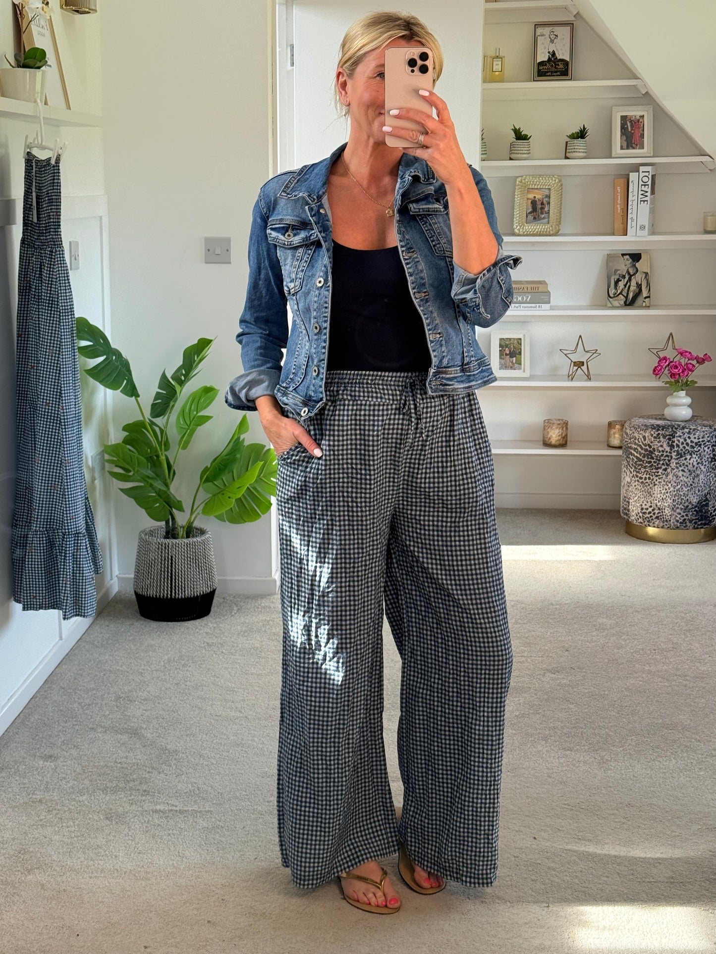 Navy Gingham Wide leg Trousers