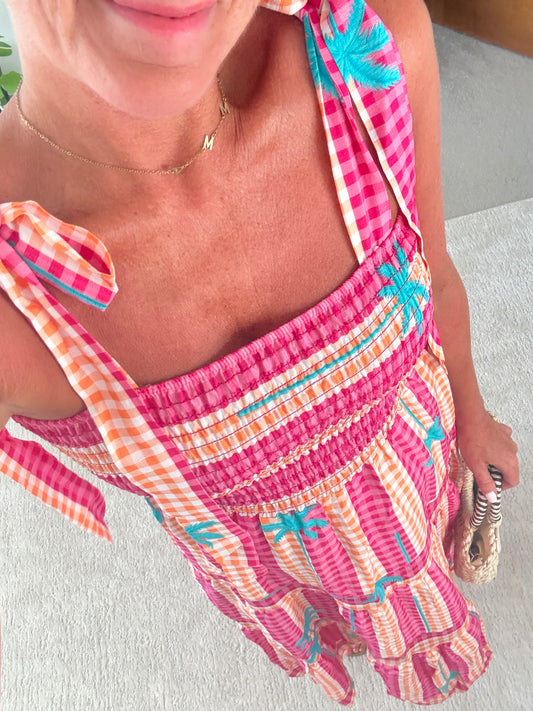 Pink/Orange Gingham/Palm Shirred Maxi Dress