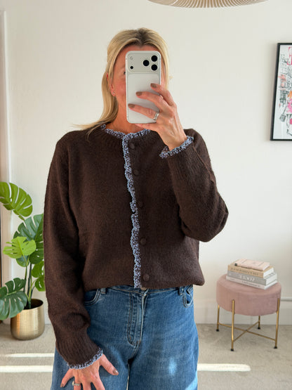 Chocolate/Blue Floral Frill Trim Cardigan