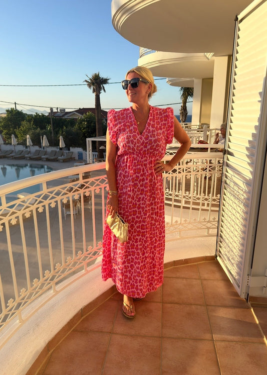 Pink/Orange Leopard Print Frill Sleeve Maxi Dress