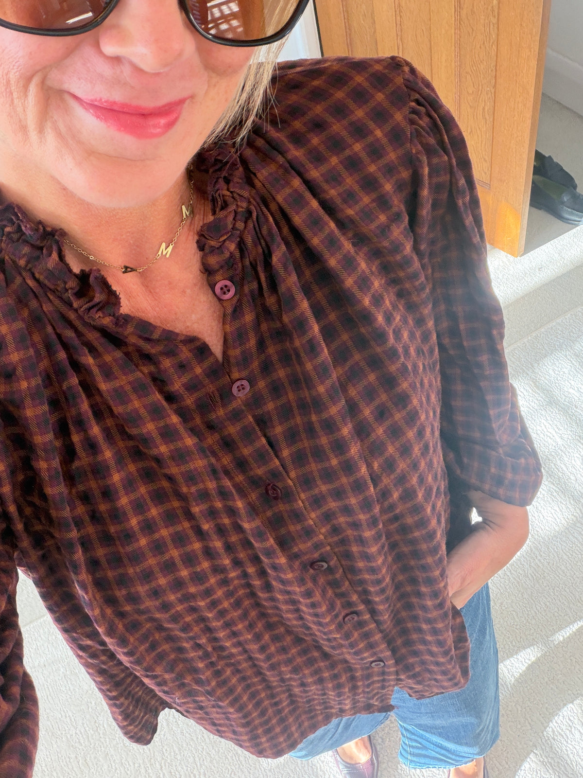 Burgundy Heritage Check Frill Collar Blouse
