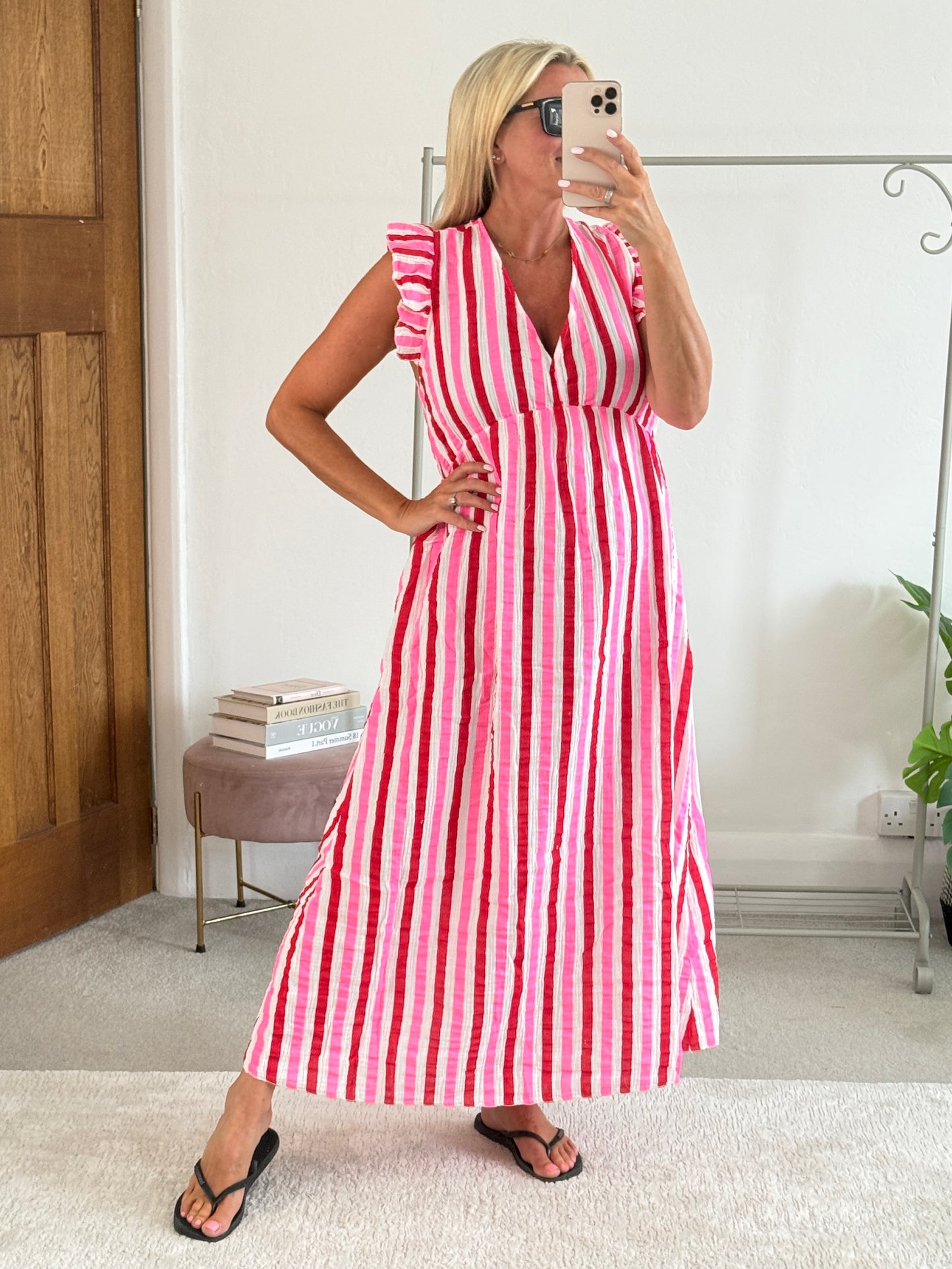 Pink/Red Stripe Cheesecloth Frill Sleeve Maxi Dress (Pre-Order)