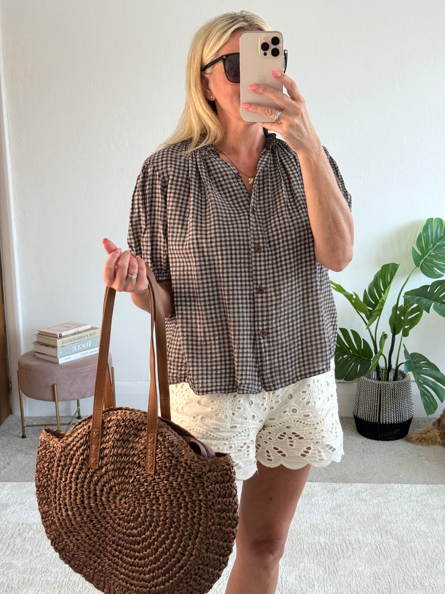 Chocolate Gingham Frill Sleeve Blouse