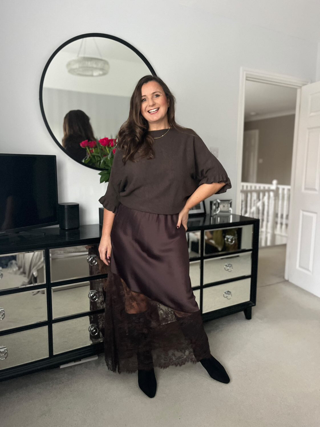 Chocolate Satin Asymmetric Lace Detail Maxi Slip Skirt