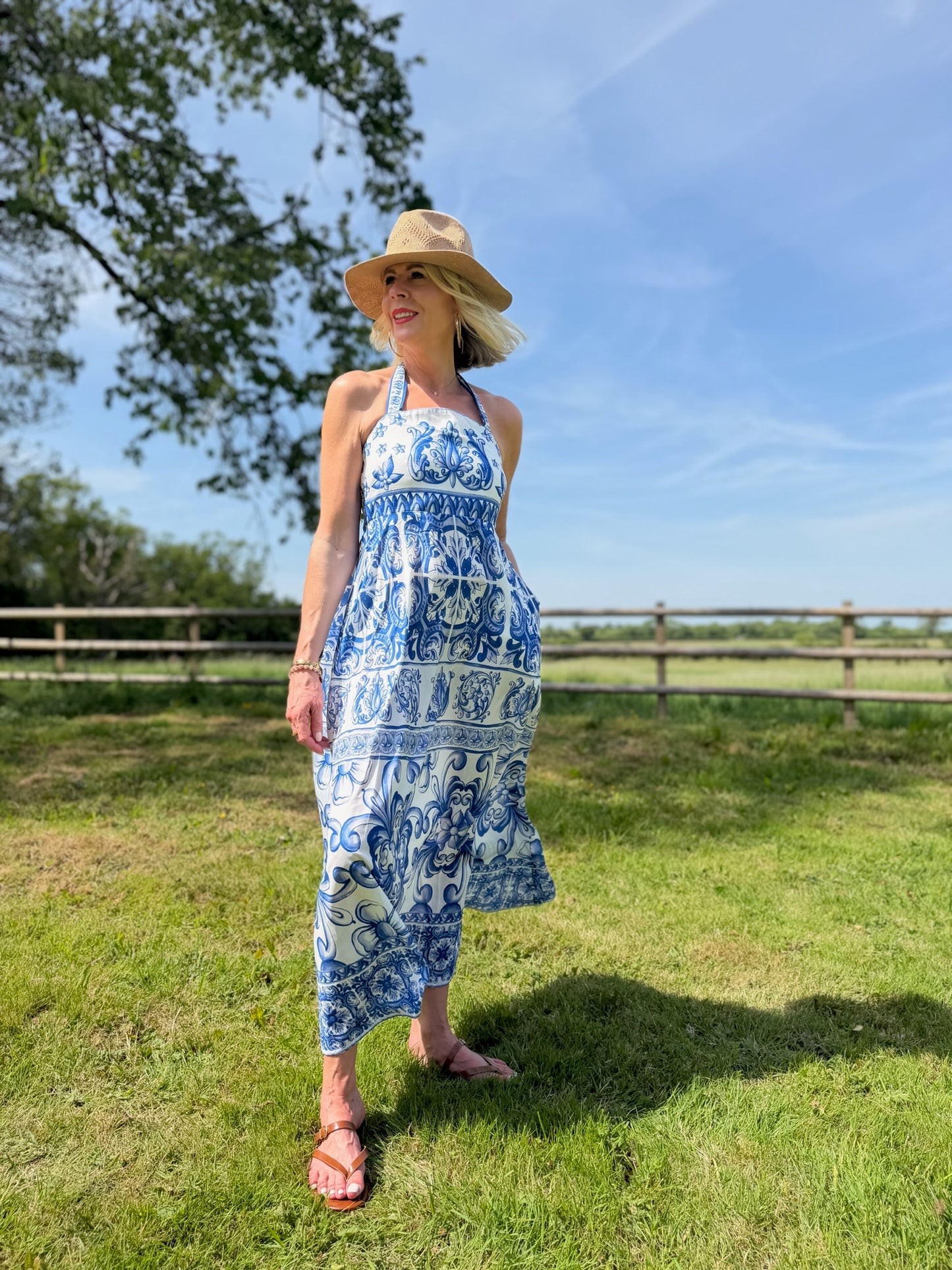 Blue Baroque Tie Strap Dress