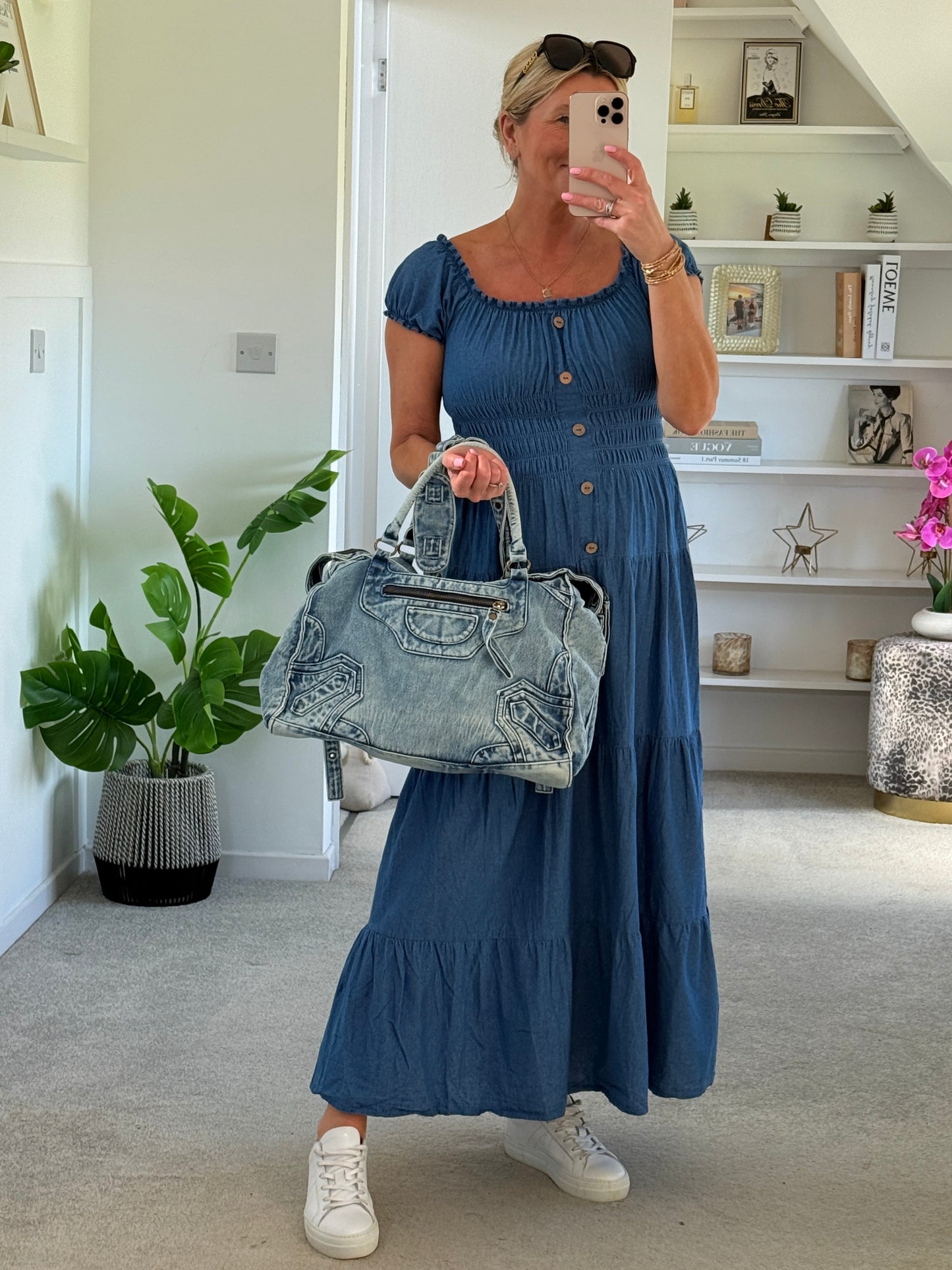 Blue Denim Bardot Tiered Maxi Dress