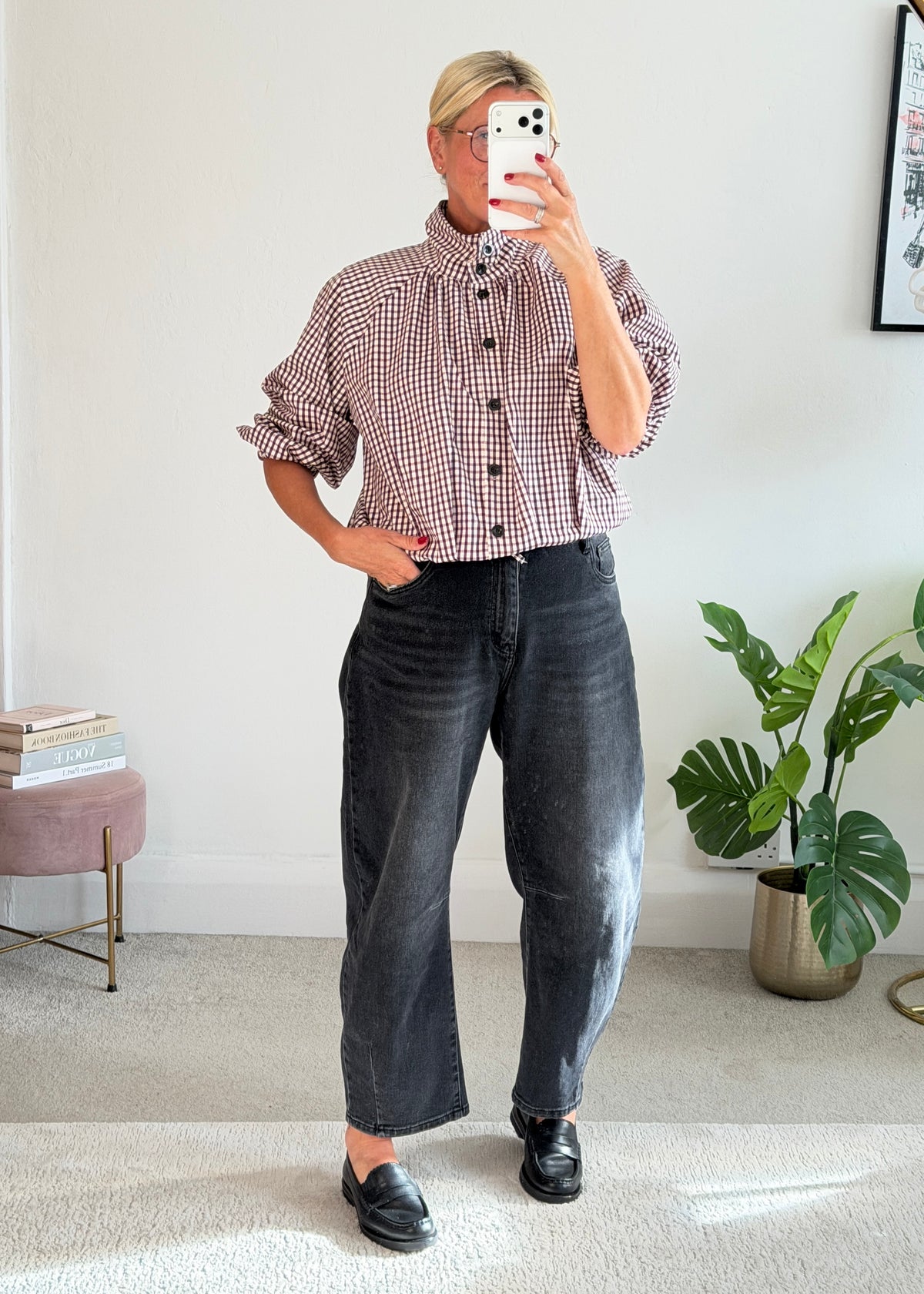 Plum Check Funnel Neck Jacket