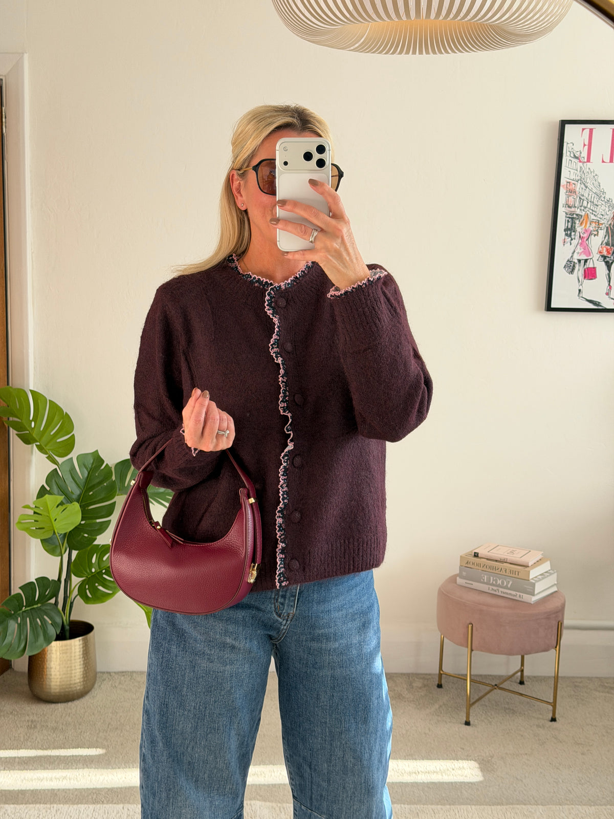 Plum/Pink Floral Frill Trim Cardigan