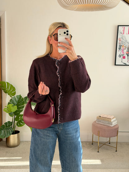 Plum/Pink Floral Frill Trim Cardigan