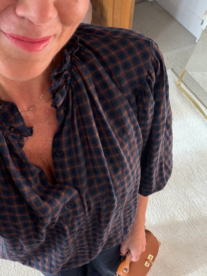 Navy Heritage Check Frill Collar Blouse