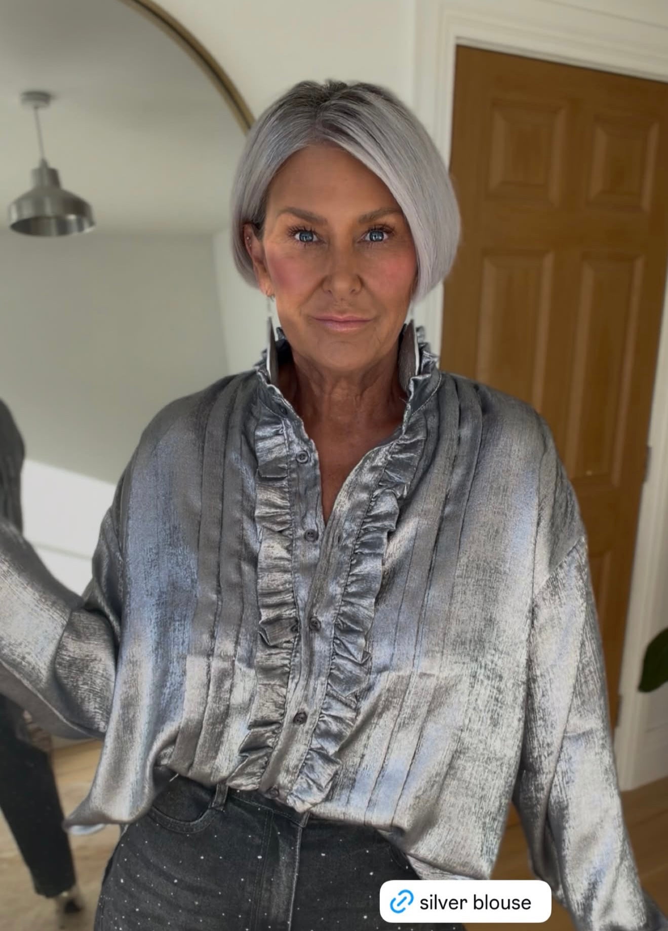 Silver Metallic Ruffle Front Blouse