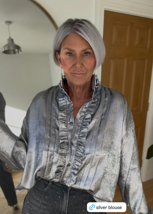 Silver Metallic Ruffle Front Blouse