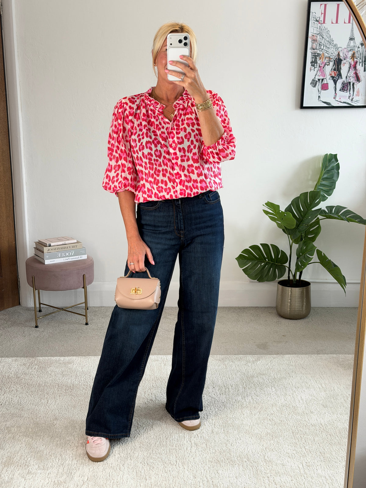 Pink Leopard 3/4 Puff Sleeve Blouse