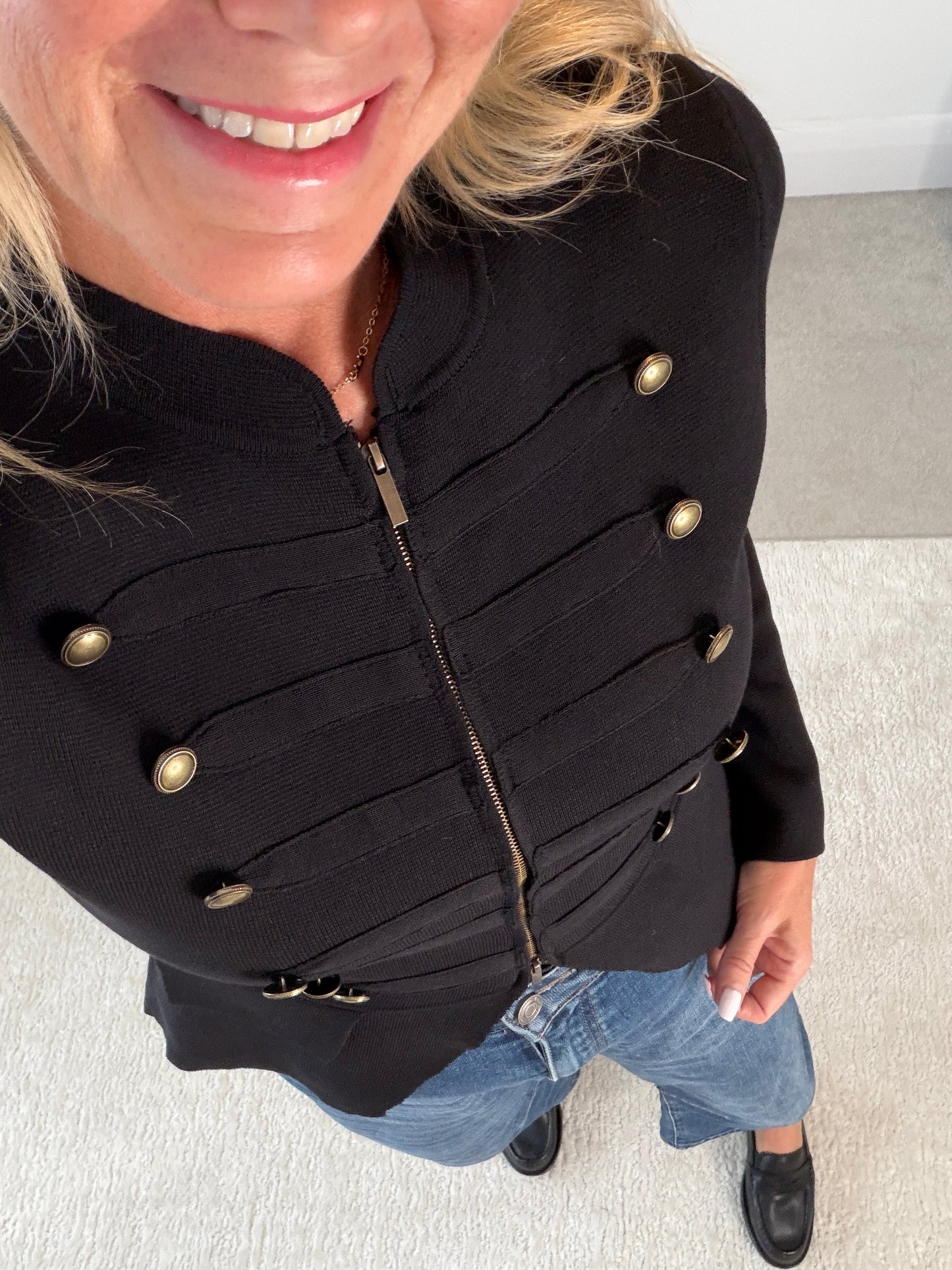 Black Military Button Zip Knit Jacket