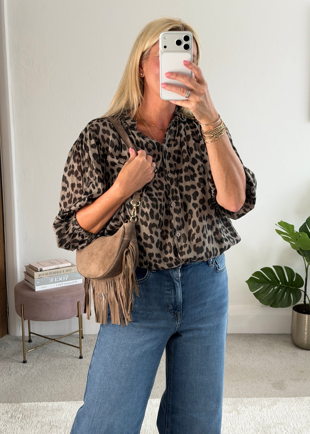 Mocha Leopard 3/4 Puff Sleeve Blouse
