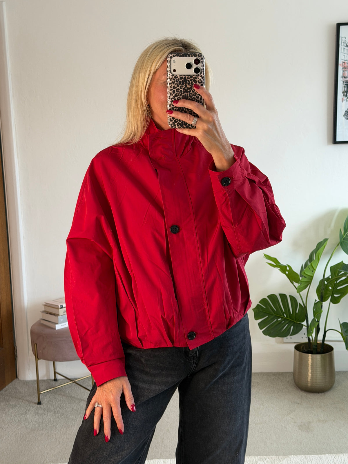 Red Funnel Neck Trench Bomber Jacket
