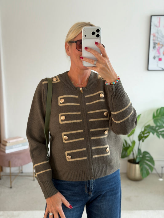 Khaki Military Zip Front Knitted Cardi
