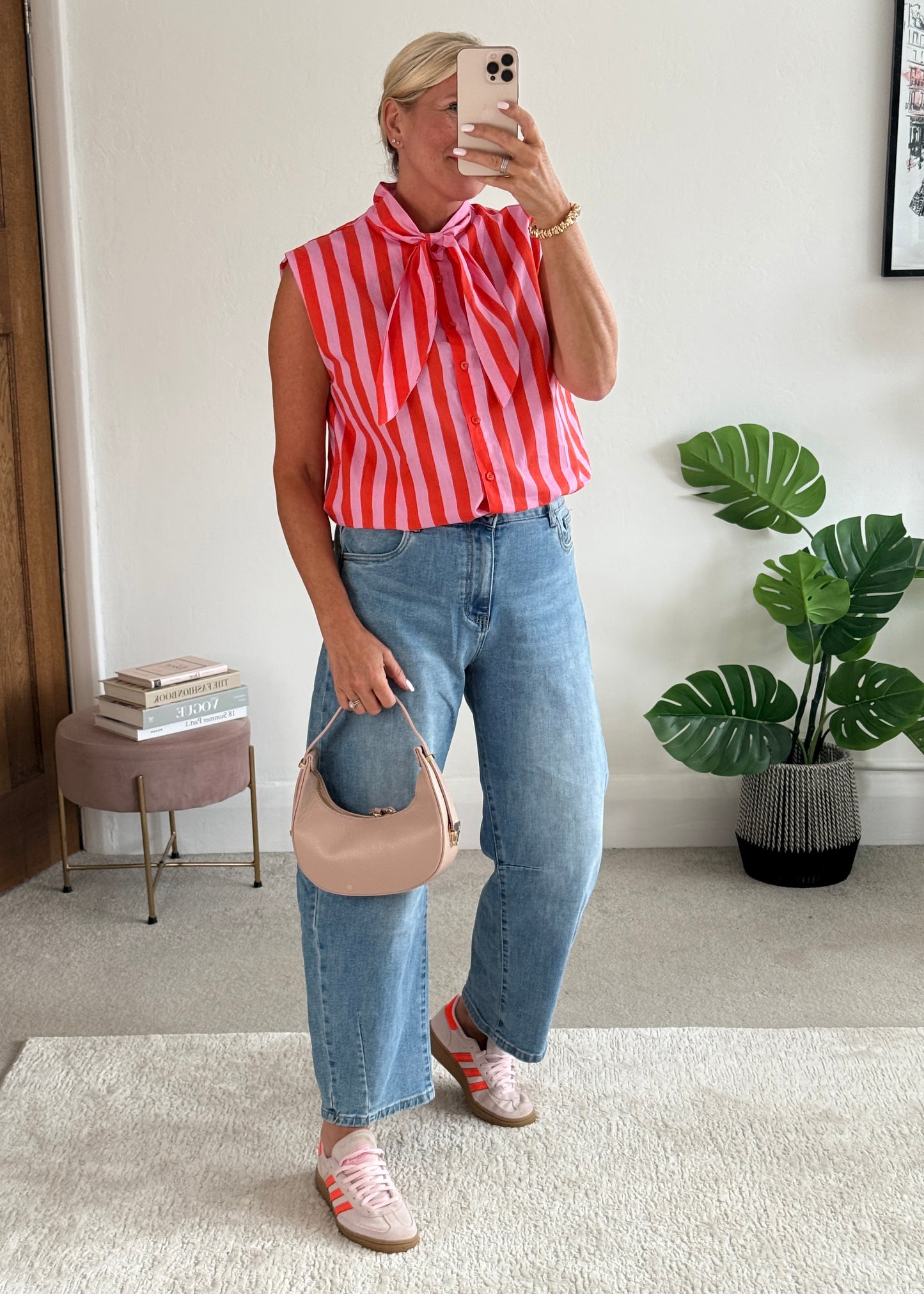 Pink/Orange Stripe Tie-Neck Blouse