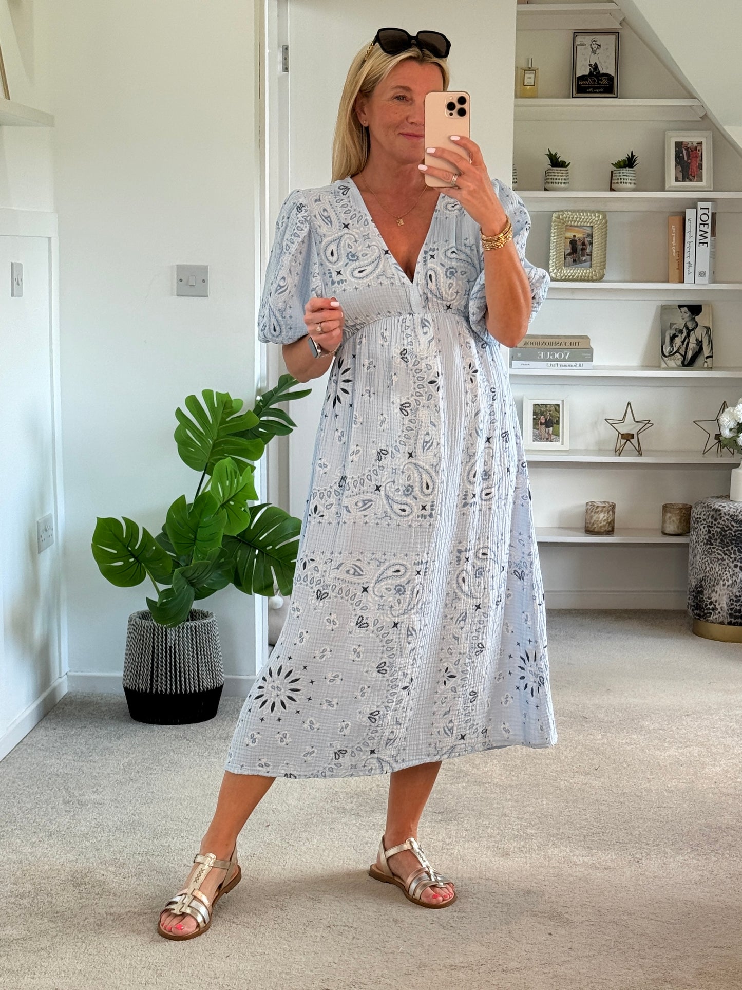 White Paisley Print Cheesecloth Midi Dress