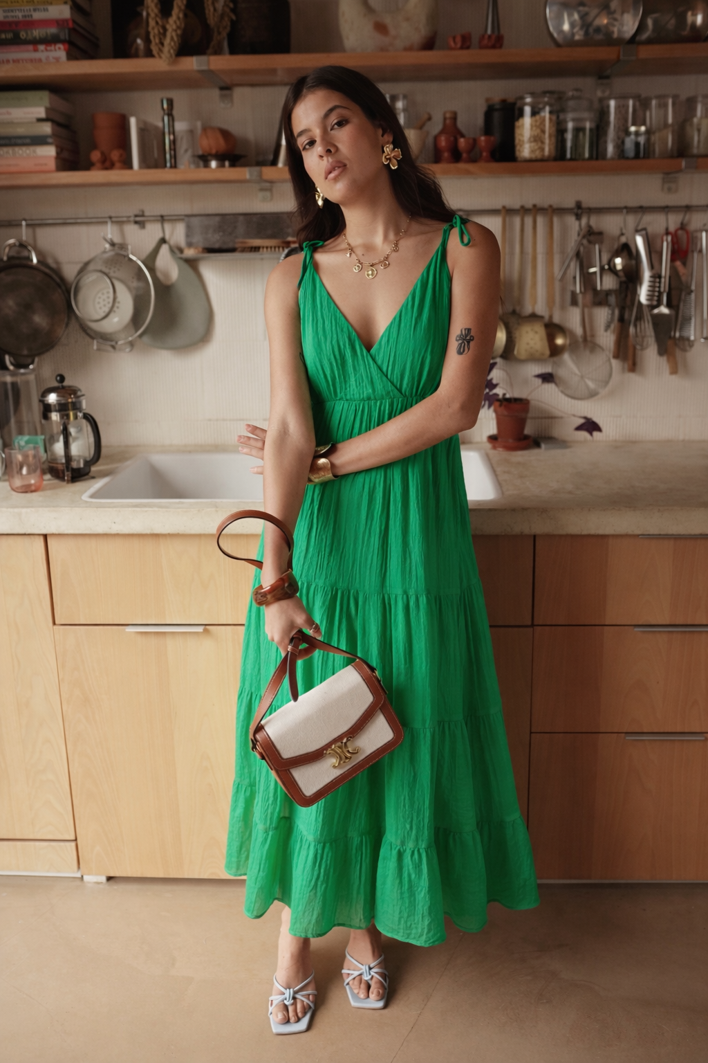 Kelly Green Tie Strap Tiered Maxi Dress