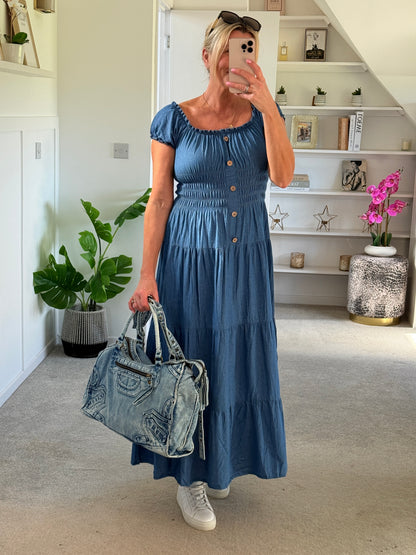 Blue Denim Bardot Tiered Maxi Dress