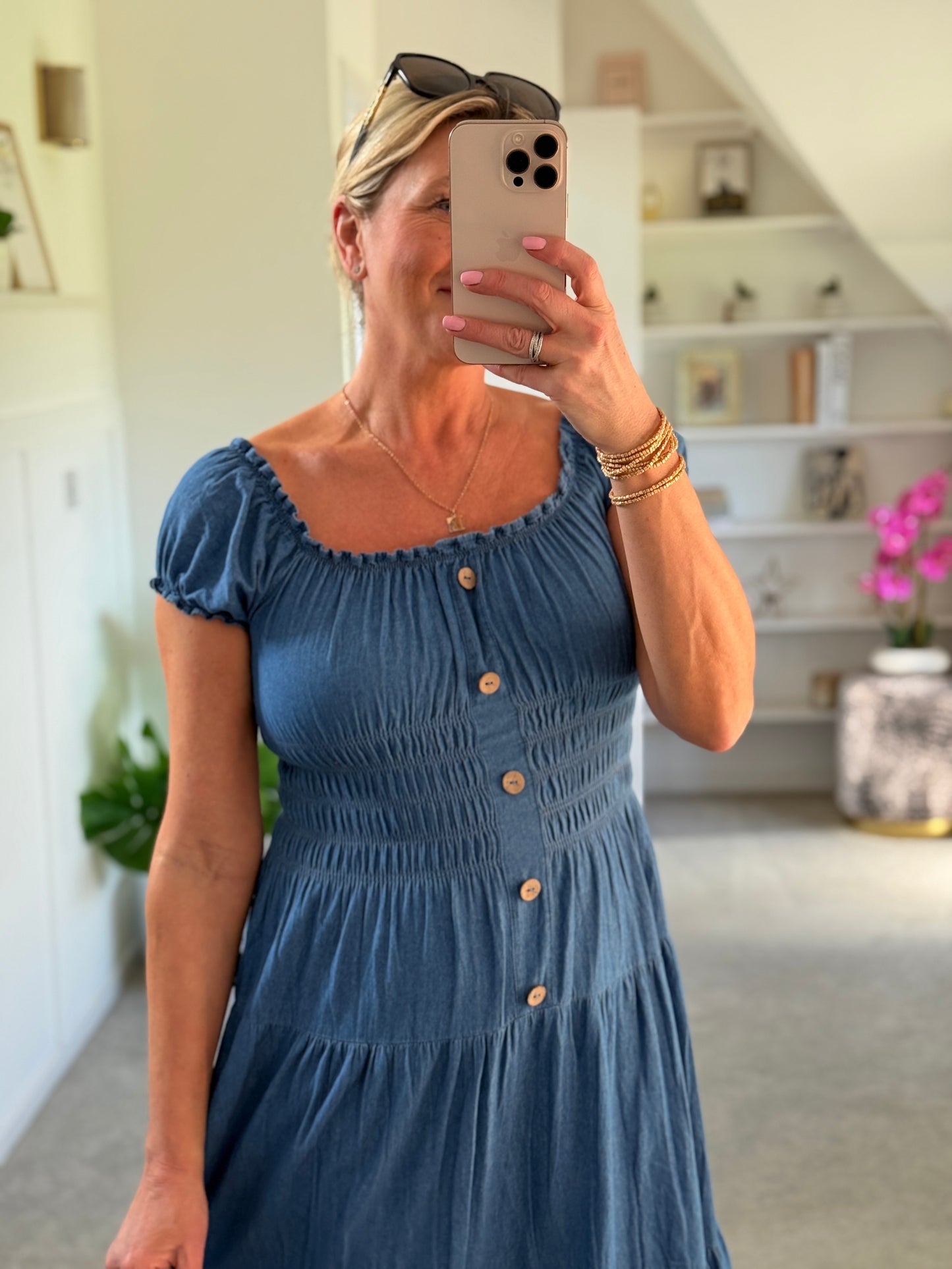 Blue Denim Bardot Tiered Maxi Dress