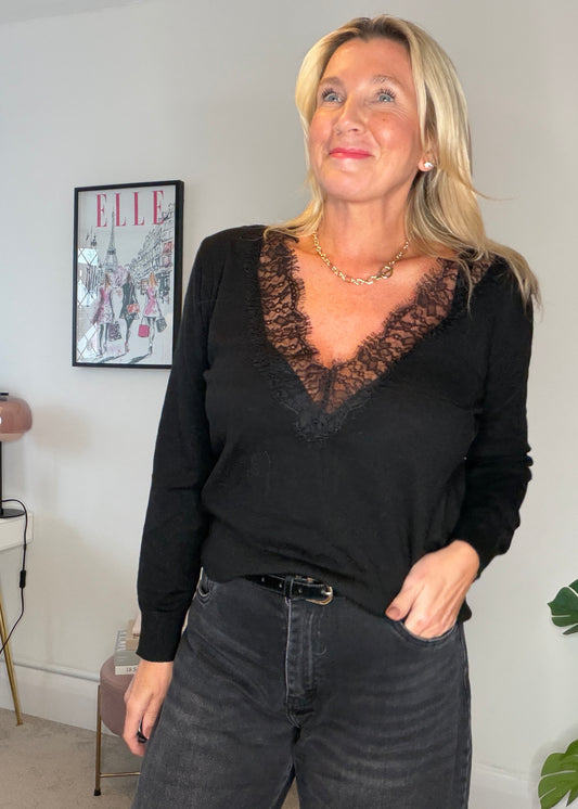Black Reversible Lace V-Neck Jumper