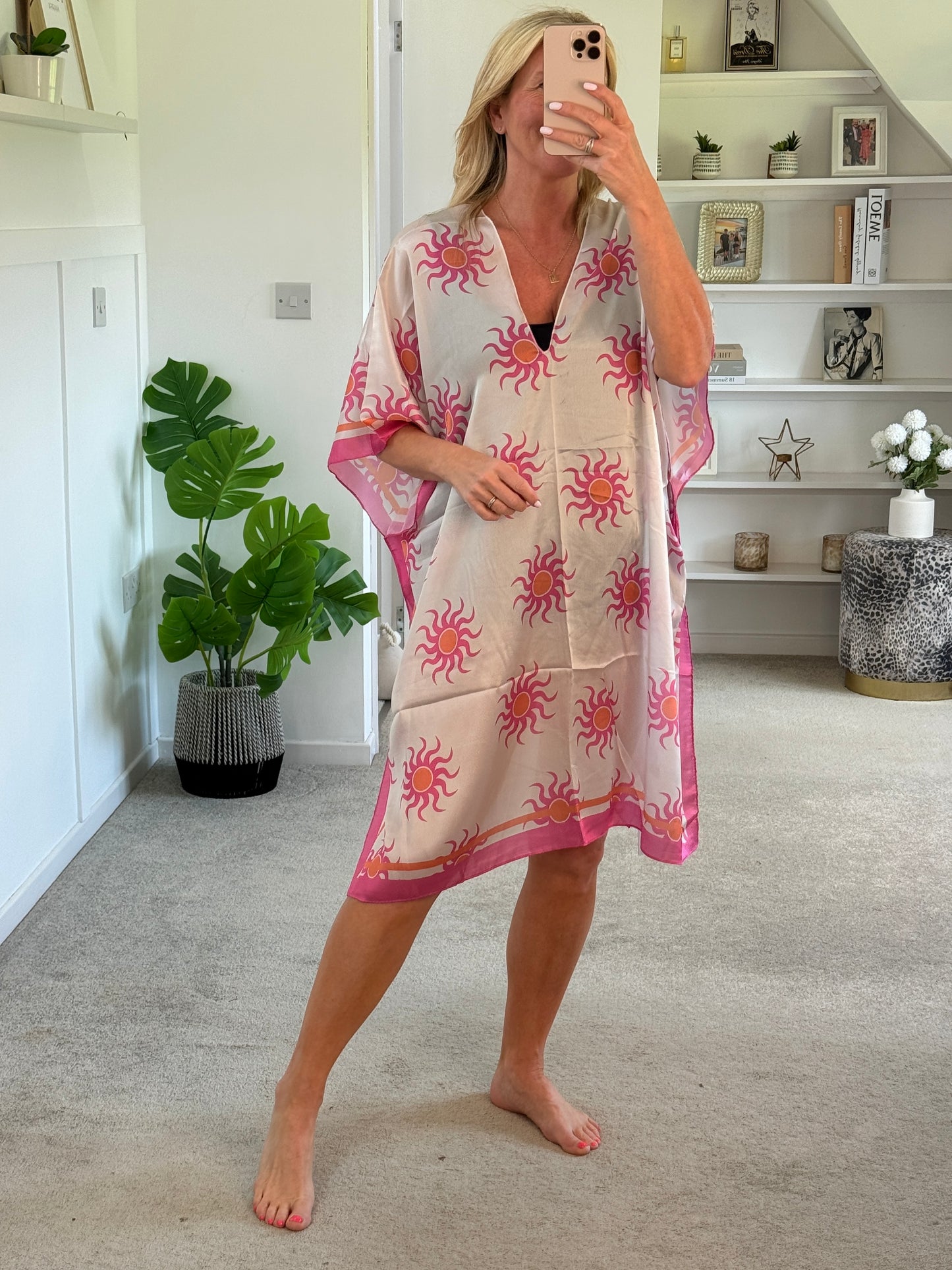 Off White/Pink Sun Print Floaty Kaftan Dress
