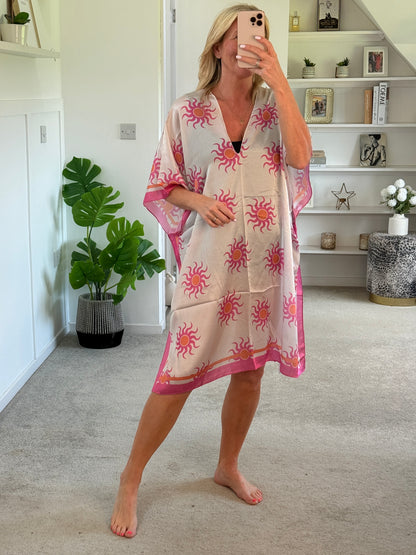 Off White/Pink Sun Print Floaty Kaftan Dress