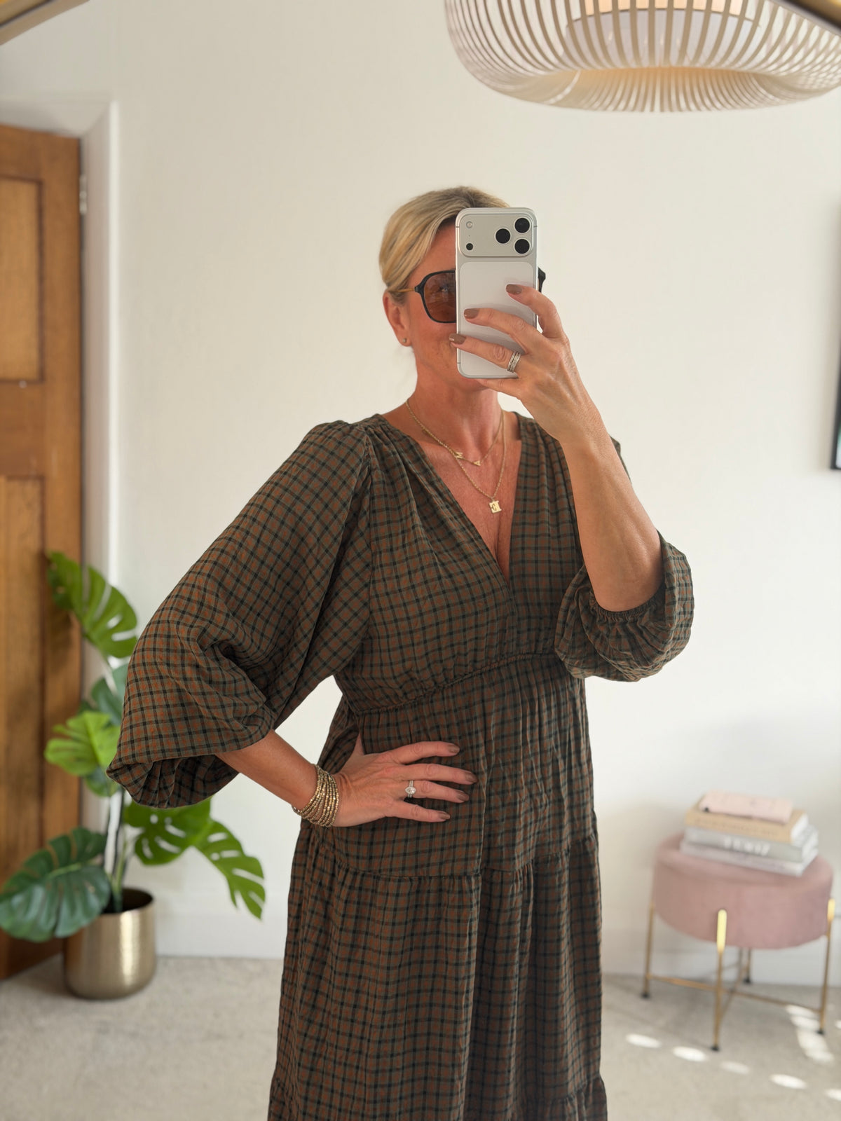 Khaki Heritage Check V-Neck Tiered Dress